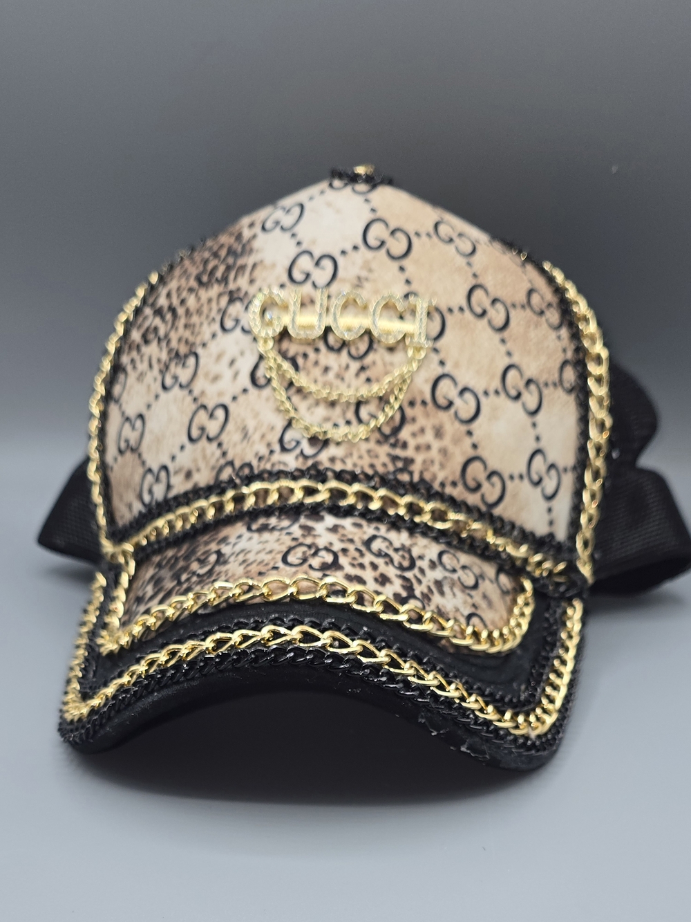 Beige Monogram Chain-Trim Baseball Cap